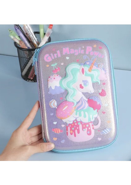 Parlak Simli Unicorn Büyük Dikdörtgen Kalem Kutusu