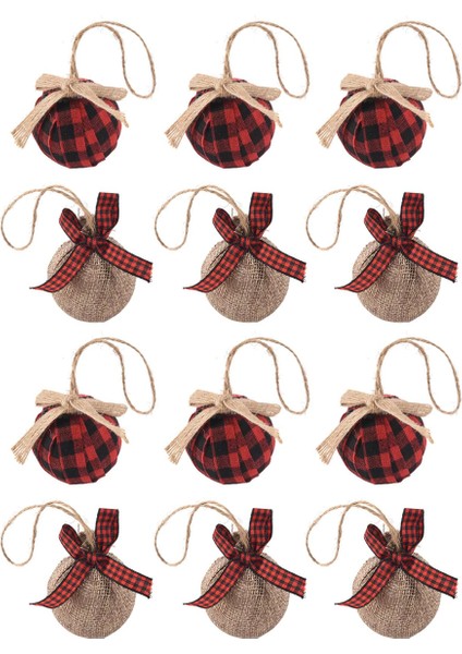 Noel Ağacı Süsleri, 12 Adet 2-1/2 Inç Kırmızı Siyah Kareli Dikişli Çuval Bezi Süslemeleri (Yurt Dışından)
