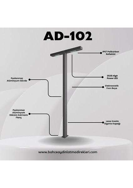 Özel Reflektörlü Bahçe Aydınlatma Direği Antrasit AD102