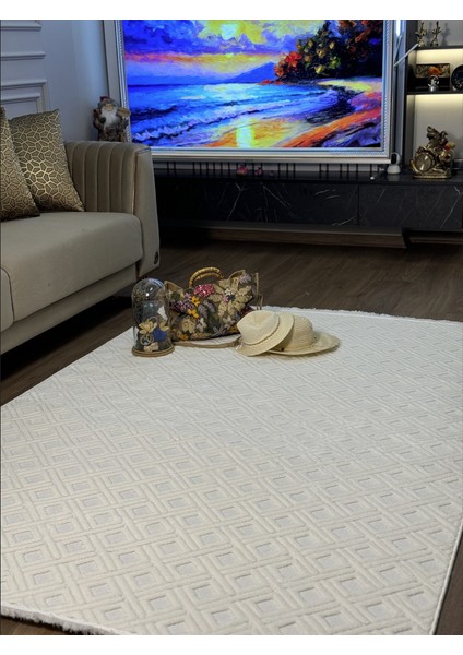 Ecosıa Iskandinav Halı Dilimli Model Krem Modern Salon Halı Koridor Halısı Yolluk Oturma Odası Saçaklı Halı