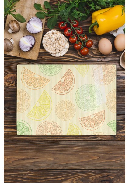 Cam Kesme Tahtası, Kalın ve Kırılmaz Cam - Limon Temalı - 21 x 30 cm - Doğrama Tahtası, Mutfak Dekoru