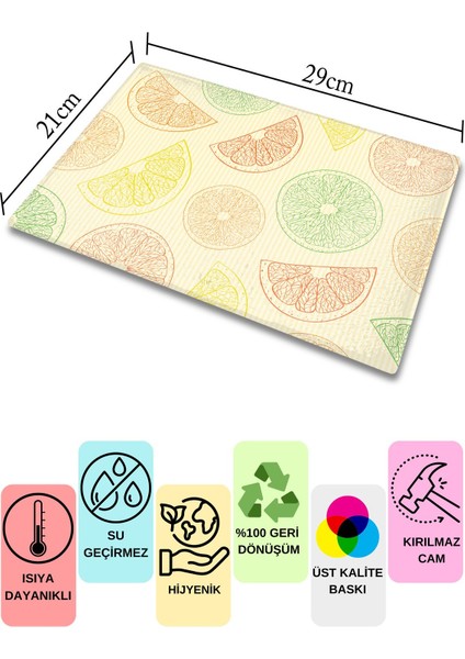 Cam Kesme Tahtası, Kalın ve Kırılmaz Cam - Limon Temalı - 21 x 30 cm - Doğrama Tahtası, Mutfak Dekoru modelleri