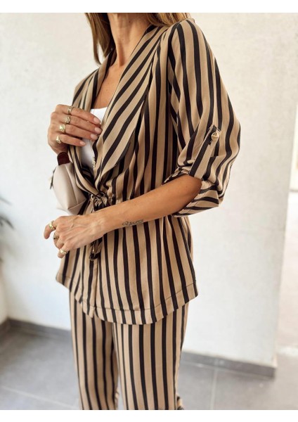Kadın Çizgili Bel Bağcıklı Kahverengi Alt Üst Takım modelleri