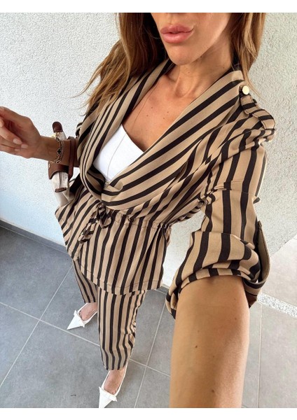 Kadın Çizgili Bel Bağcıklı Kahverengi Alt Üst Takım fırsatları