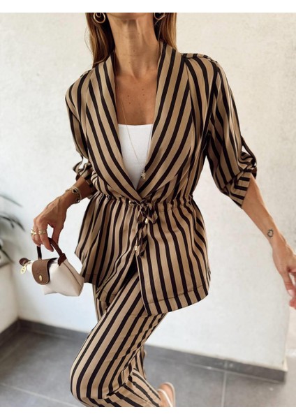 Kadın Çizgili Bel Bağcıklı Kahverengi Alt Üst Takım indirimleri