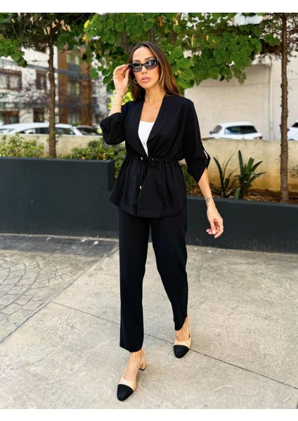 Kadın Çizgili Bel Bağcıklı Siyah Alt Üst Takım modelleri