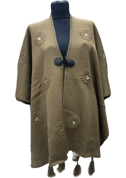 Akmoda Kalın Kışlık Triko Uzun Bayan Panço