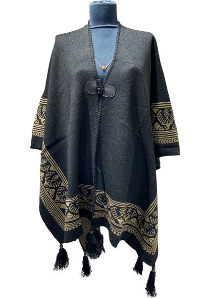 Akmoda Kalın Kışlık Triko Uzun Bayan Panço