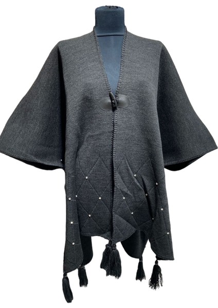 Akmoda Kalın Kışlık Triko Uzun Bayan Panço