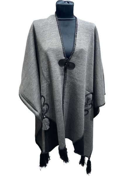 Akmoda Kalın Kışlık Triko Uzun Bayan Panço