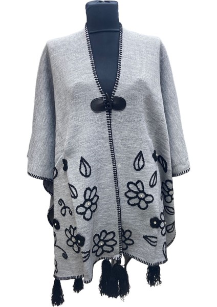 Akmoda Kalın Kışlık Triko Uzun Bayan Panço