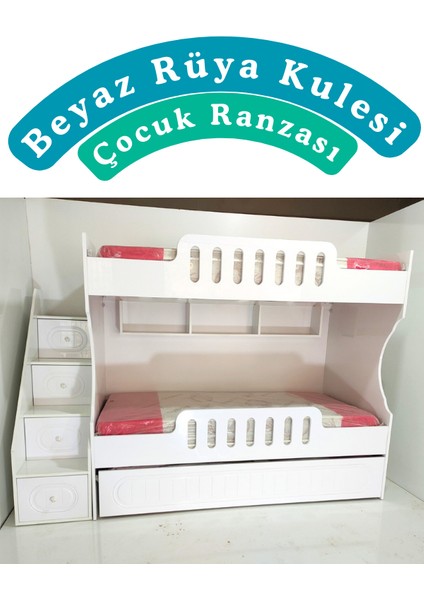 Mdf 3 Kişilik Beyaz Rüya Kulesi Çocuk Ranzası