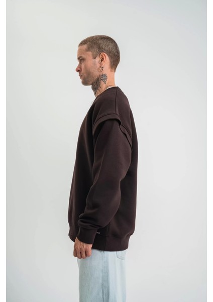 Geniş V Yaka Kol Ribana Detaylı Sweatshirt - Kahve