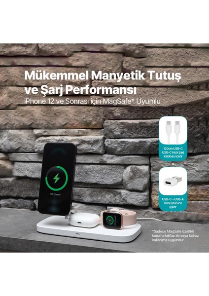 Aircharger Trio Up Magsafe Uyumlu 3ü 1 Arada iPhone + Apple Watch + Airpods Kablosuz Hızlı Şarj