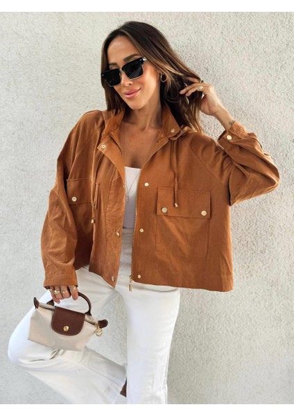 Kadın Kapüşonlu Oversize Bomber Taba Trençkot