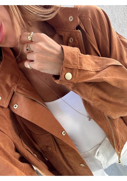 Kadın Kapüşonlu Oversize Bomber Taba Trençkot