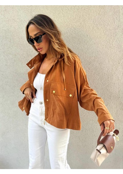 Kadın Kapüşonlu Oversize Bomber Taba Trençkot