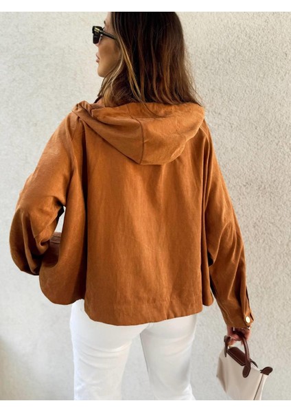Kadın Kapüşonlu Oversize Bomber Taba Trençkot