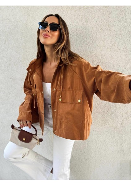 Kadın Kapüşonlu Oversize Bomber Taba Trençkot