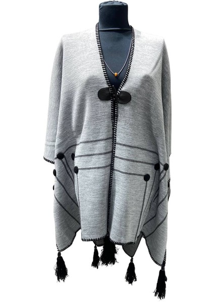 Akmoda Kalın Kışlık Triko Uzun Bayan Panço