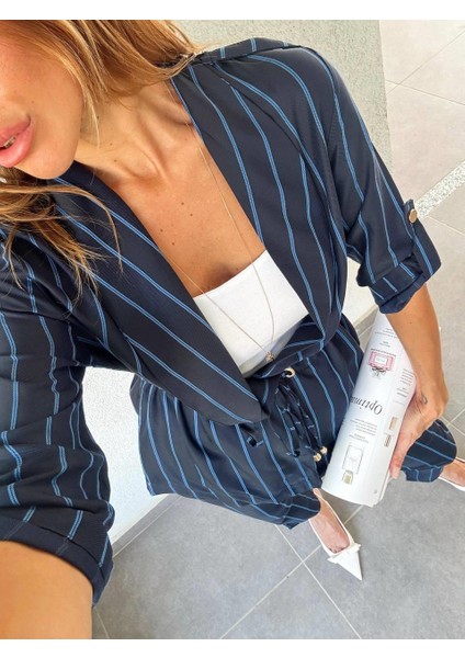 Kadın Çizgili Bel Bağcıklı Mavi Alt Üst Takım modelleri