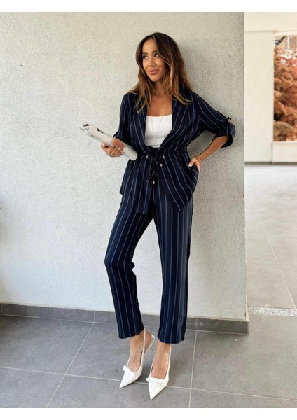 Kadın Çizgili Bel Bağcıklı Mavi Alt Üst Takım fırsatları
