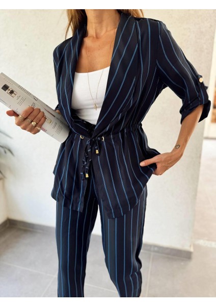 Kadın Çizgili Bel Bağcıklı Mavi Alt Üst Takım indirimleri