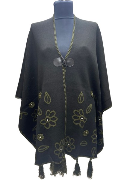 Akmoda Kalın Kışlık Triko Uzun Bayan Panço