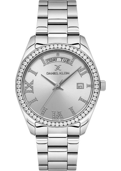 DK.1.13771-1 Gün Göstergeli Taşlı Tasarım Suya Dayanıklı Metalik Renk Kadın Kol Saati