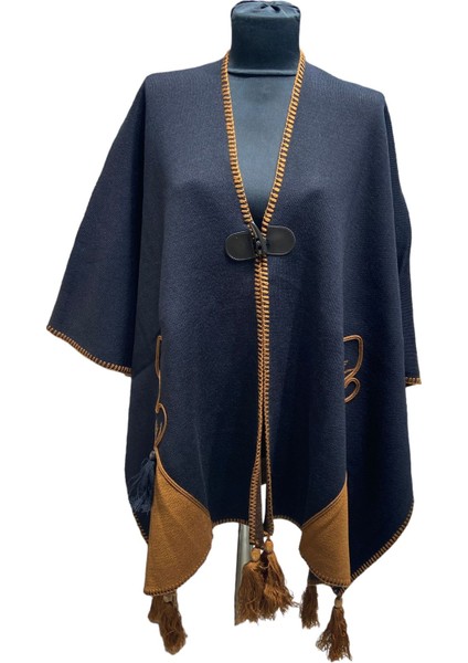 Akmoda Kalın Kışlık Triko Uzun Bayan Panço