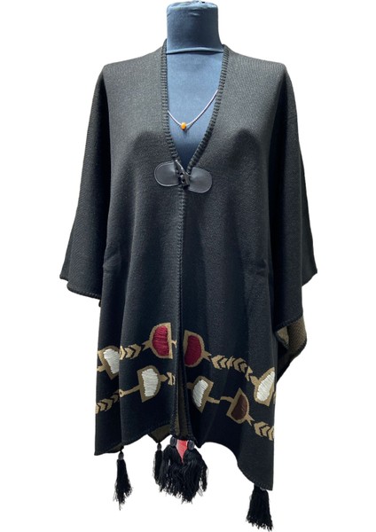 Akmoda Kalın Kışlık Triko Uzun Bayan Panço