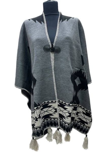 Akmoda Kalın Kışlık Triko Uzun Bayan Panço