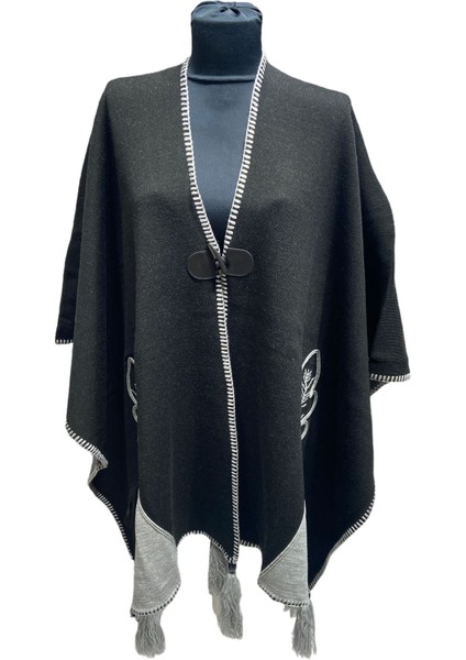 Akmoda Kalın Kışlık Triko Uzun Bayan Panço