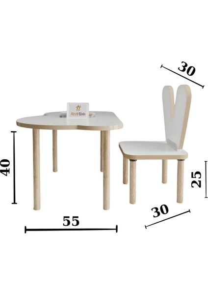 Ahşap Okulu Oyun Aktivite Masası - Etkinlik Masası - Çocuk Ders Çalışma Masası-  Bulut Masa  ve Tavşan  Sandalye
