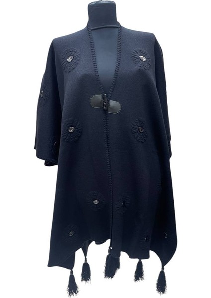 Akmoda Kalın Kışlık Triko Uzun Bayan Panço