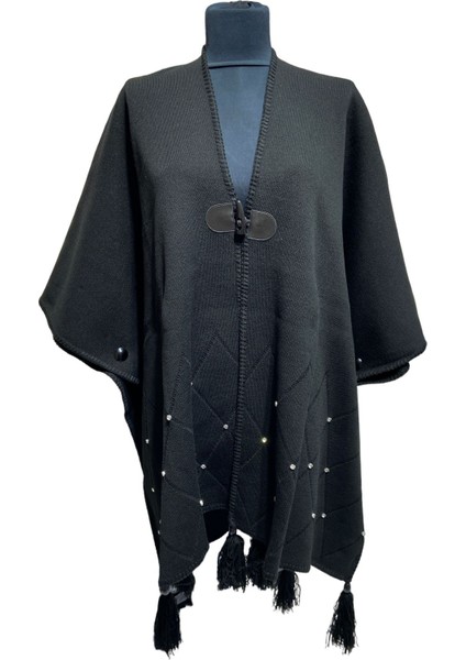 Akmoda Kalın Kışlık Triko Uzun Bayan Panço