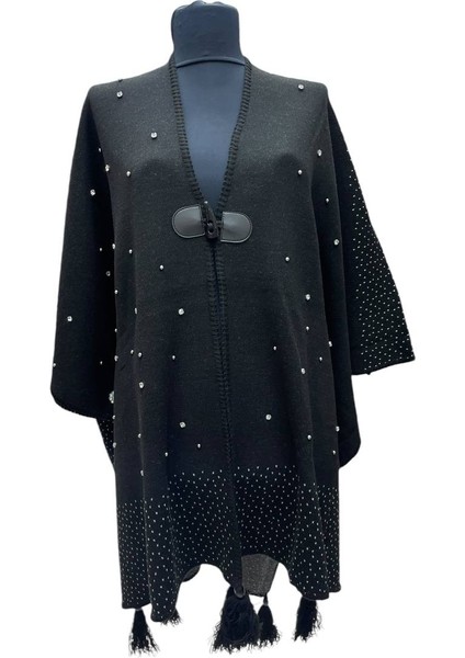 Akmoda Kalın Kışlık Triko Uzun Bayan Panço