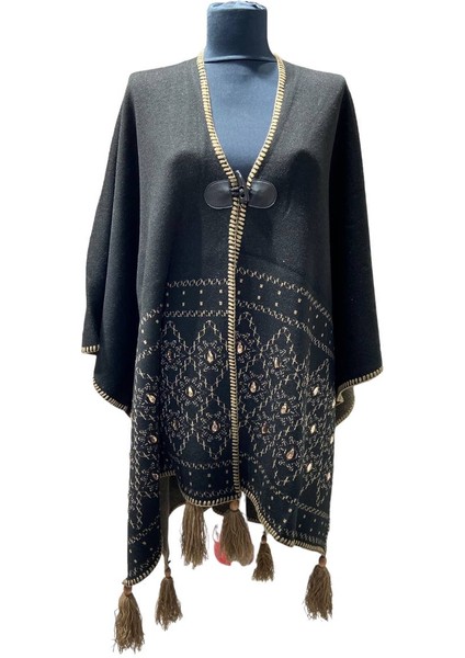 Akmoda Kalın Kışlık Triko Uzun Bayan Panço