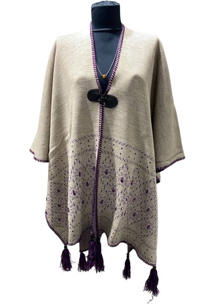 Akmoda Kalın Kışlık Triko Uzun Bayan Panço