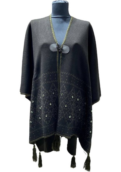 Akmoda Kalın Kışlık Triko Uzun Bayan Panço