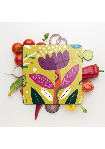 Cam Kesme Tahtası Kare Renkli Çiçek Desenli 30 x 30 cm