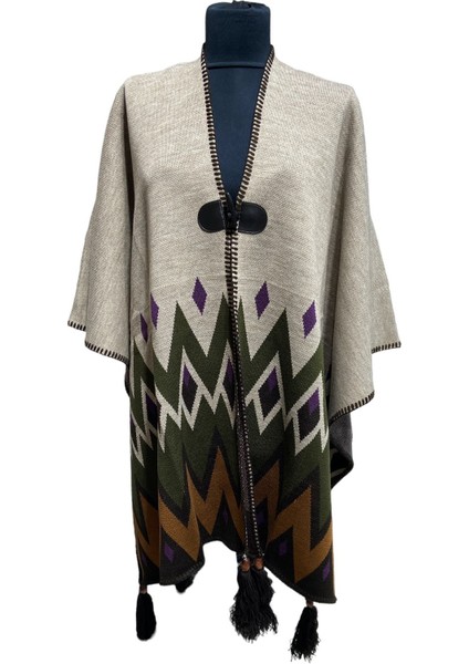 Akmoda Kalın Kışlık Triko Uzun Bayan Panço