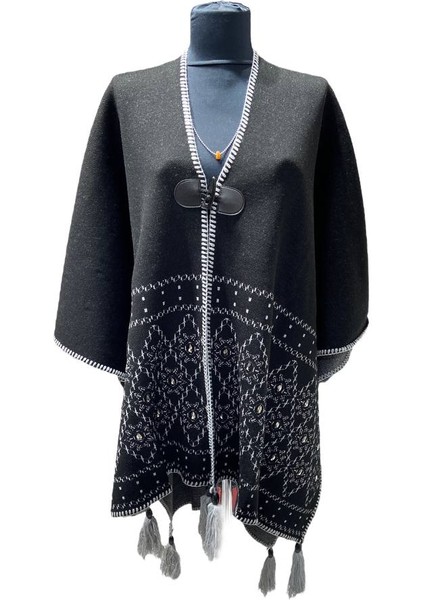 Akmoda Kalın Kışlık Triko Uzun Bayan Panço