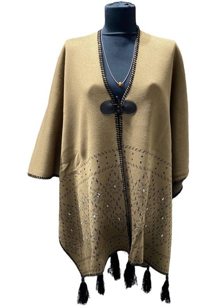 Akmoda Kalın Kışlık Triko Uzun Bayan Panço