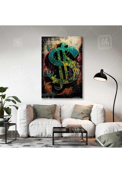 Dolar Sembolü Banksy Sokak Sanatı Grafiti Duvar Çizimi Dikey Kanvas Tablo
