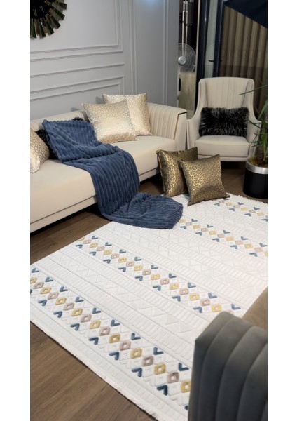 Ecosıa Iskandinav Halı Krem -Mavi Modern Salon Halı Koridor Halısı Yolluk Oturma Odası Saçaklı Halı