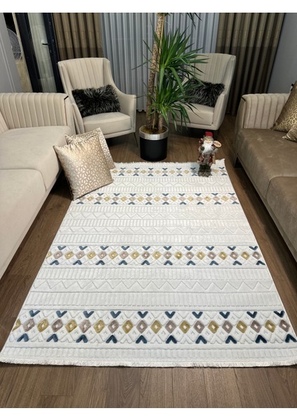Ecosıa Iskandinav Halı Krem -Mavi Modern Salon Halı Koridor Halısı Yolluk Oturma Odası Saçaklı Halı fiyatları