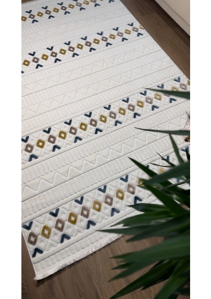 Ecosıa Iskandinav Halı Krem -Mavi Modern Salon Halı Koridor Halısı Yolluk Oturma Odası Saçaklı Halı modelleri