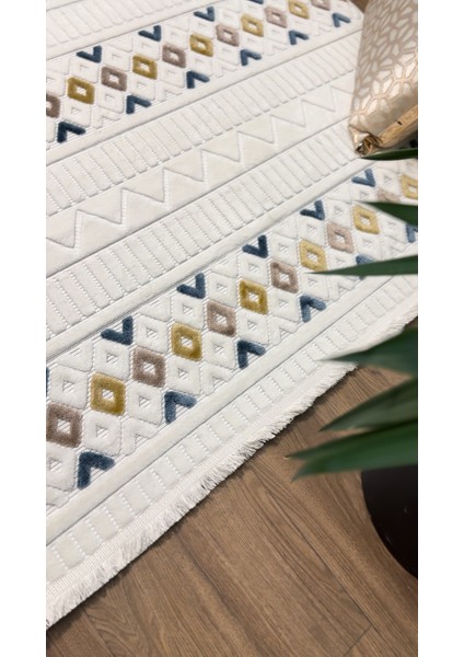 Ecosıa Iskandinav Halı Krem -Mavi Modern Salon Halı Koridor Halısı Yolluk Oturma Odası Saçaklı Halı fırsatları