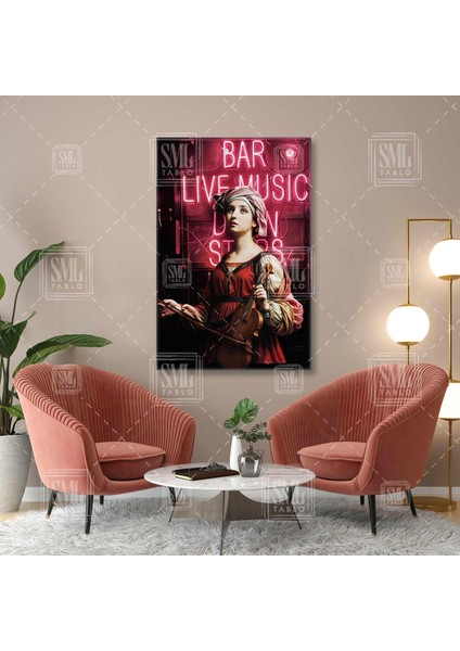 Pembe Neon Yazılar Keman Çalan Çocuk Pop Art Dikey Kanvas Tablo